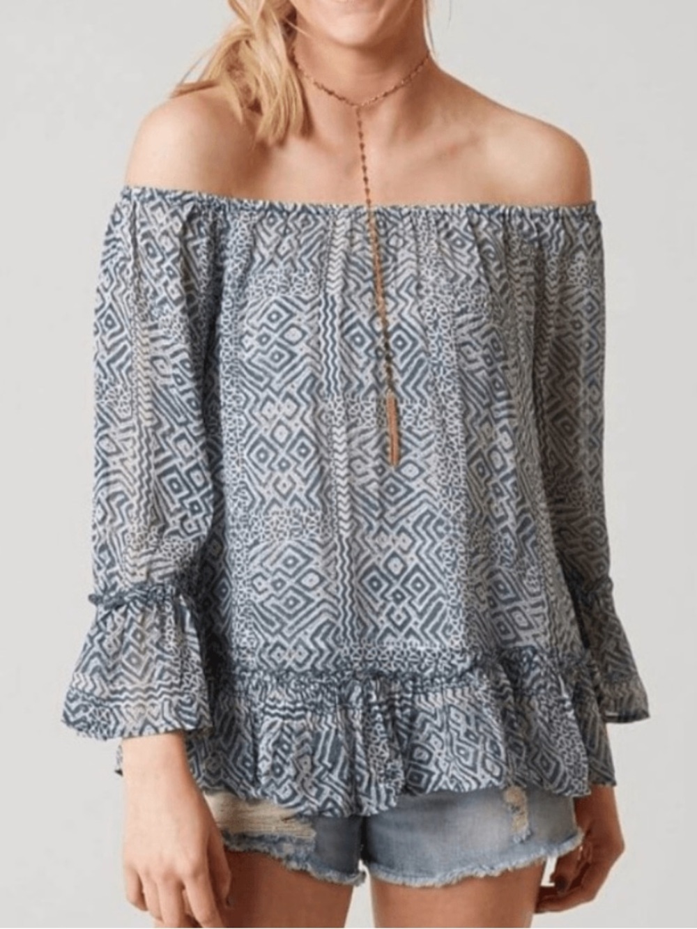 Lucky Brand Blouse Top Women's Medium Off Shoulder Boho Peasant Bell Sleeve NWT